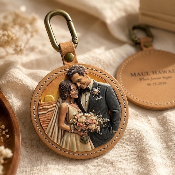 Personalized Wedding Keepsake from Photo, Handpainted Leather Anniversary Hanging, Memorial Remembrance Couples Gift