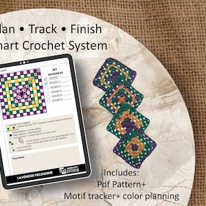 May include: A digital tablet displays a crochet pattern chart with a progress tracker. Four colorful crocheted squares are arranged on a decorative surface. Text on the tablet reads "Plan • Track • Finish Smart Crochet System."