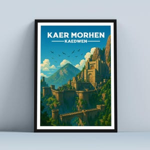 May include: Framed art print featuring a detailed illustration of a castle nestled in a mountain landscape. The artwork has a blue sky with flying birds and the text "KAER MORHEN - KAEDWEN-" in white. The castle is surrounded by stone walls and bridges.