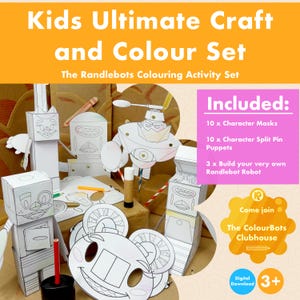 May include: A Kids Ultimate Craft and Colour Set with the text "The Randlebots Colouring Activity Set". The set includes character masks, split pin puppets, and build-your-own Randlebot robots. The image shows the robots and masks.