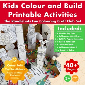 Peut inclure: Image promotionnelle d'un kit d'activités imprimables pour enfants. Le kit comprend des pages à colorier, des modèles de robots, des masques de personnages, etc. Le texte indique "Kids Colour and Build Printable Activities" et "The Randlebots Fun Colouring Craft Club Set".
