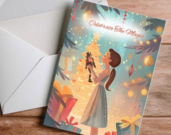 Colorful Christmas Greeting Card, Nutcracker, Feminine Christmas, Girly, Printed 5x7 Holiday Card with Envelope, Personalized Invitation