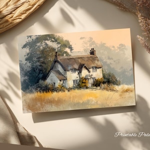 English Cottage Art Print, Country Cottage Watercolor Painting, Vintage Wall Art, Small Art Print