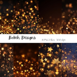 May include: A digital art collection featuring a dark background with golden bokeh and star-shaped glitter. The image includes the text "Bokeh Designs" and "8 PNG Files 300 dpi". The overall theme is festive and celebratory.