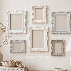 May include: A gallery wall set of six ornate rectangular picture frames in varying sizes and shades of white and gray. The frames feature intricate scrollwork and molding details. The text "Printable Palette Joy" is visible at the bottom center.