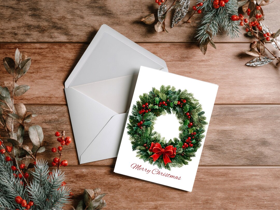 Christmas Wreath Greeting Card, Printed 5x7 Holiday Greeting Card With ...