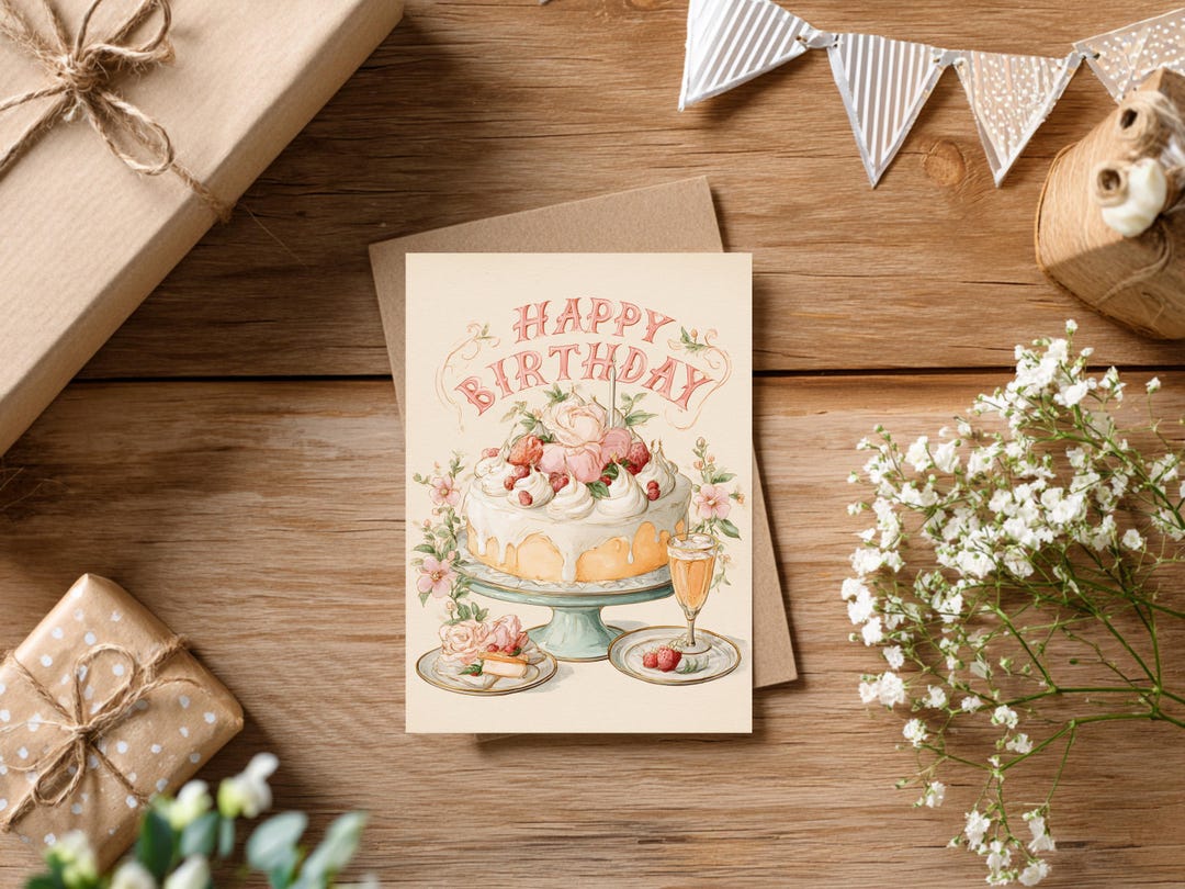 Vintage Birthday Greeting Card | Happy Birthday Illustration | 5x7 ...