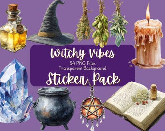 May include: Watercolor illustration of witchy themed items on a purple background. Includes a witch's hat, a cauldron, a crystal, a candle, a potion bottle, bundles of herbs, a pentagram pendant, and an open book. Text reads "Witchy Vibes Sticker Pack".
