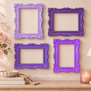 Pode incluir: Quatro molduras ornamentadas em vários tons de roxo, dispostas numa parede. As molduras apresentam volutas intrincadas e molduras decorativas. O texto "Printable Palette Joy" é visível no centro da disposição.