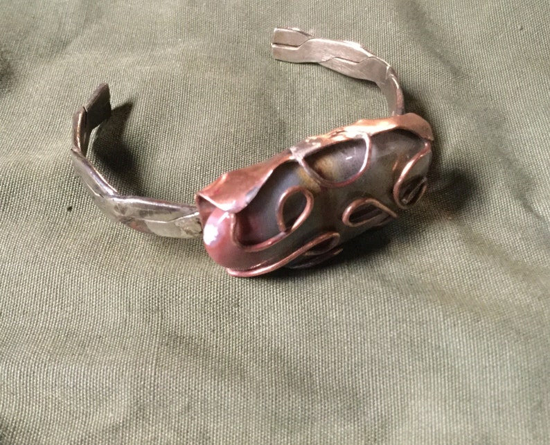Handmade SterlinCopper Serape Agate Cuff Bracelet