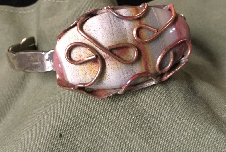 Handmade SterlinCopper Serape Agate Cuff Bracelet