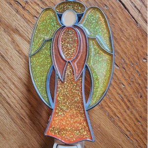 Angel Night Light yellow Orange vintage stained glass