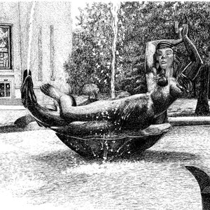 May include: A black and white pen and ink drawing of a mermaid statue in a fountain. The mermaid is reclining on a shell and has her arms raised above her head. The fountain is surrounded by water and there is a building in the background.