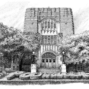 May include: A black and white pen and ink drawing of a building with a large arched doorway and a large 'S' in front of it.