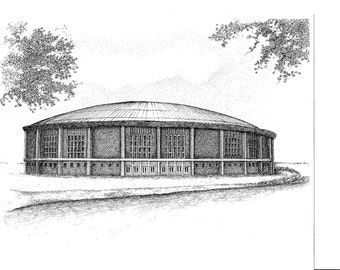 May include: A detailed black and white pen and ink drawing of a large, domed building. The building has a circular shape with multiple rectangular windows and a series of doors at the base. Trees are drawn in the upper corners.