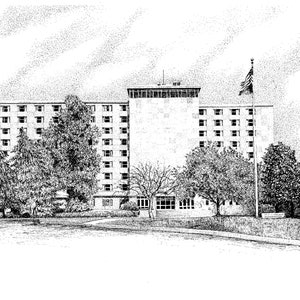 May include: Black and white pen and ink drawing of a large building with multiple windows. The building has a flagpole with an American flag flying in the wind. There are trees in front of the building.