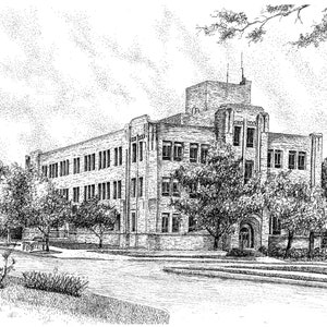 May include: A black and white pen and ink drawing of a brick building with multiple windows. The building is surrounded by trees and a paved road.