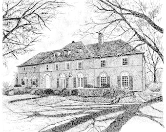 May include: A black and white pen and ink drawing of a large brick house with a gabled roof and multiple windows. The house is surrounded by trees and a lawn.