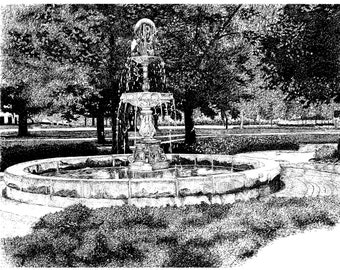 May include: A black and white drawing of a fountain with a circular basin and a multi-tiered structure. The fountain is surrounded by trees and bushes.