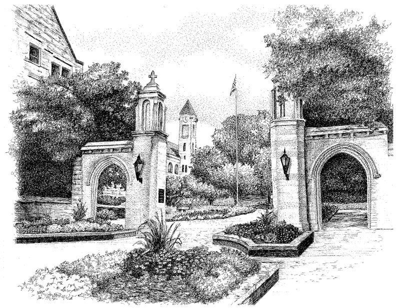 May include: Black and white pen and ink drawing of a university campus entrance with two stone archways, a tall building with a clock tower, and lush greenery.