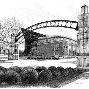 May include: A black and white pen and ink drawing of a university entrance archway with the words "Purdue University" on the arch. The archway is made of stone and has two pillars on either side. There is a building in the background.
