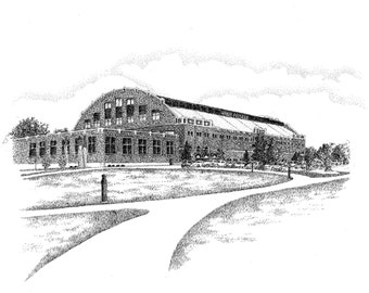 May include: A black and white pen and ink drawing of a large brick building with a curved roof. The building has many windows and a sign that reads "Hall of Fame". The building is surrounded by a grassy area with a paved path leading away from the building.