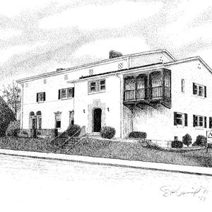 May include: A black and white line drawing of a two-story house with a porch and a balcony. The house has a white exterior and a black roof. There are trees in the front yard and a sign that says "Delta Chi" in the front yard.
