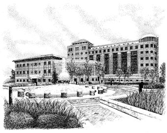 May include: A black and white pen and ink drawing of a large building with a fountain in front of it.
