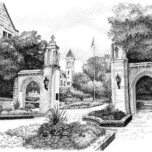 May include: A black and white pen and ink drawing of a university campus entrance with two stone archways, a flagpole, and a building in the background.