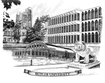 May include: Black and white pen and ink drawing of Butler University campus buildings, including a bulldog statue in front of the building. The drawing is signed by the artist, "Stephen David Owen".