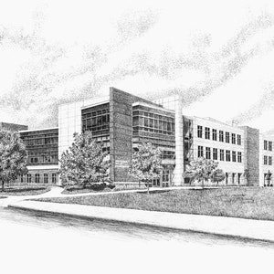 May include: A black and white pen and ink drawing of a modern building with multiple windows and a grassy lawn in front.