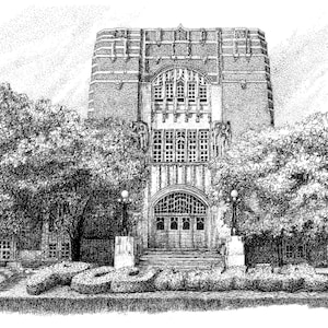 May include: A black and white pen and ink drawing of a building with a large arched doorway and a large 'S' in front of it.