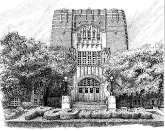 May include: A black and white pen and ink drawing of a building with a large arched doorway and a large 'S' in front of it.