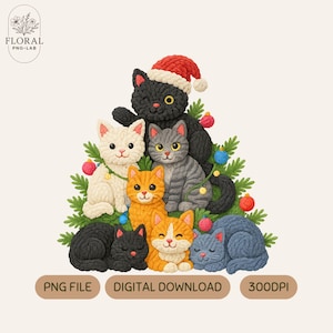 May include: A festive illustration of a Christmas tree made of adorable cats. The cats are in various colors, including black, white, orange, and gray, and are decorated with Christmas lights and ornaments. One cat wears a Santa hat. The image includes the text "PNG FILE", "DIGITAL DOWNLOAD", and "300DPI".