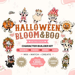 Pode incluir: Um kit de criação de personagens intitulado HALLOWEEN BLOOM & BOO com ilustrações de desenho animado de abóbora, fantasma, cogumelo, flor, caveira, gato e lanterna. O texto inclui 15 corpos, 15 rostos, 30 braços, 30 pernas e 1.000+ personagens.