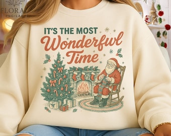 It’s the Most Wonderful Time png, Retro Santa by Fireplace, Vintage Christmas Tree Clipart, Digital Download for Sweatshirt, 300DPI