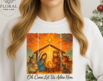Presépio PNG Camiseta Cristã de Natal, Oh, venha, deixe-nos adorá-lo Arte em aquarela, Feriado religioso Download digital 300DPI