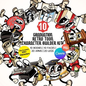 May include: A colorful digital illustration of a graduation-themed character kit. The image features various cartoon characters with elements like a diploma, cake, and mortarboard. Text includes "Graduation Retro Toon Character Builder Kit".