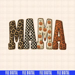 Letras de patchwork de Halloween de Fall Mama, calabaza, leopardo, cuadros PNG