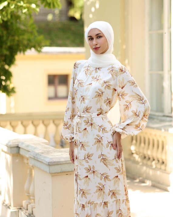 maxi dress muslimah Ivory Cotton Dress, Cotton Dress, Modest Cotton Dress, Modest Floral Dress,  Maxi Floral Dress, Floral Dress, Dress Long Sleeve, Muslim Dress