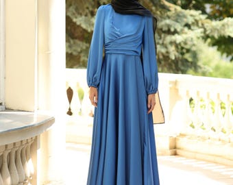 Vestido de satén, Vestido maxi de satén, Vestido modesto de satén, Vestido modesto azul, Vestido maxi, Vestido azul, Vestido de manga larga, Vestido musulmán, Vestido de noche
