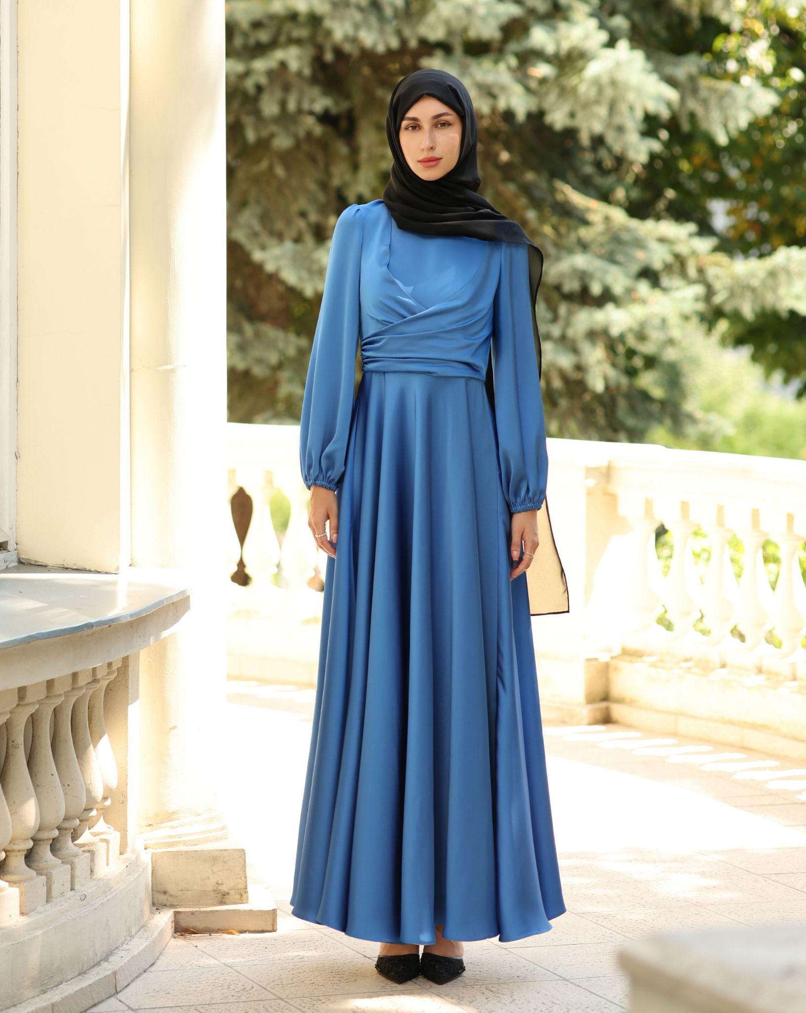 satin dress muslimah Satin Dress, Maxi Satin Dress, Modest Satin Dress, Modest Blue Dress, Maxi  Dress, Blue Dress, Dress Long Sleeve, Muslim Dress, Evening Dress