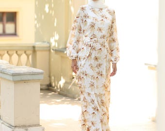 Ivory Cotton Dress, Cotton Dress, Modest Cotton Dress, Modest Floral Dress, Maxi Floral Dress, Floral Dress, Dress Long Sleeve, Muslim Dress