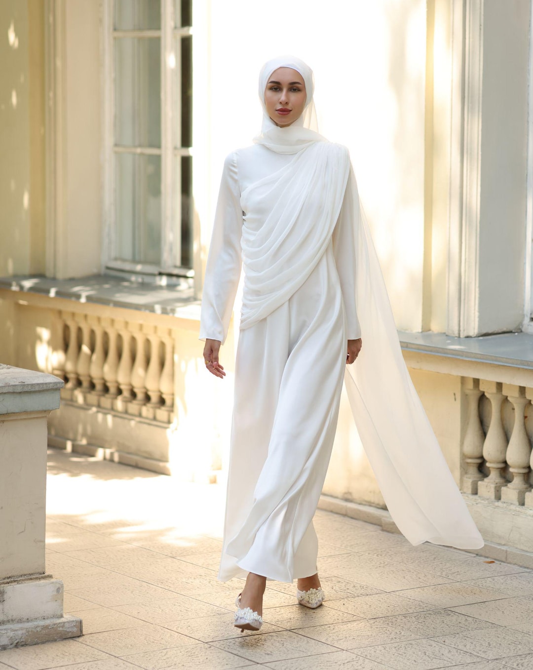 white hijab dress Umrah Collection Satin Hooded Abaya Come With A White Niqab And  LumosModesty The dress includes subtle details like delicate pleats White Hijab Dress 10281B
