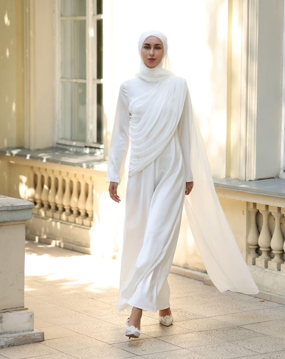 knee length dresses for ladies Iris Long Sleeve Satin Maxi Dress / White | Meshki main image 1