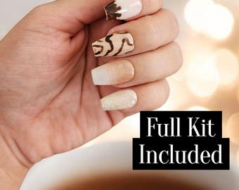 Cozy Hot Cocoa Press-On Nails | Hand-Painted Custom Set | Free Application Tabs | Reusable Kit | Winter Brown Sweater Nails