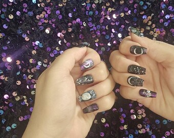 Night Sky Nails – Hand-Painted Moon & Stars Press-On Set, Cosmic Nail Art