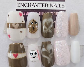 Cafecito Dulce Press On Nails | Coffee & Pastry Inspired Nail Art | Hand Painted Cute Kawaii Nails | Custom Sizes | Reusable Nail Kit