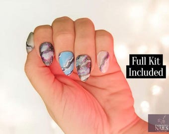 Galaxy Swirl Press-On Nails | Hand-Painted Celestial Nail Art | Custom Sizes | Reusable Kit