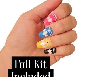 Made to Order Retro Hero Press On Nails | Power Rangers Inspired | Colorful Diamond Cosplay Nail Art | Handmade